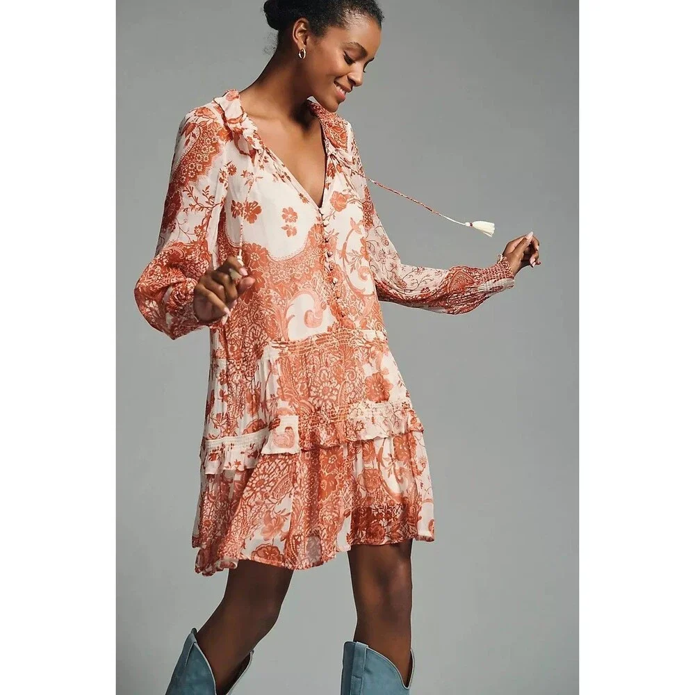 Anthropologie The Marais Printed Chiffon Mini Dress Floral Ruffle XXS 285882